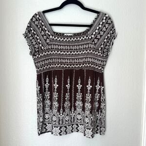 Y2K babydoll brown and cream fall cap sleeve smocked top, dressbarn size Large